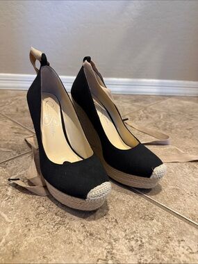 Jessica Simpson Black Canvas Espadrille Wedge with Tan Wrap Ribbons